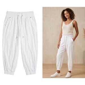 GUESS White Linen Blend Joggers Gold Logo Hardware Small